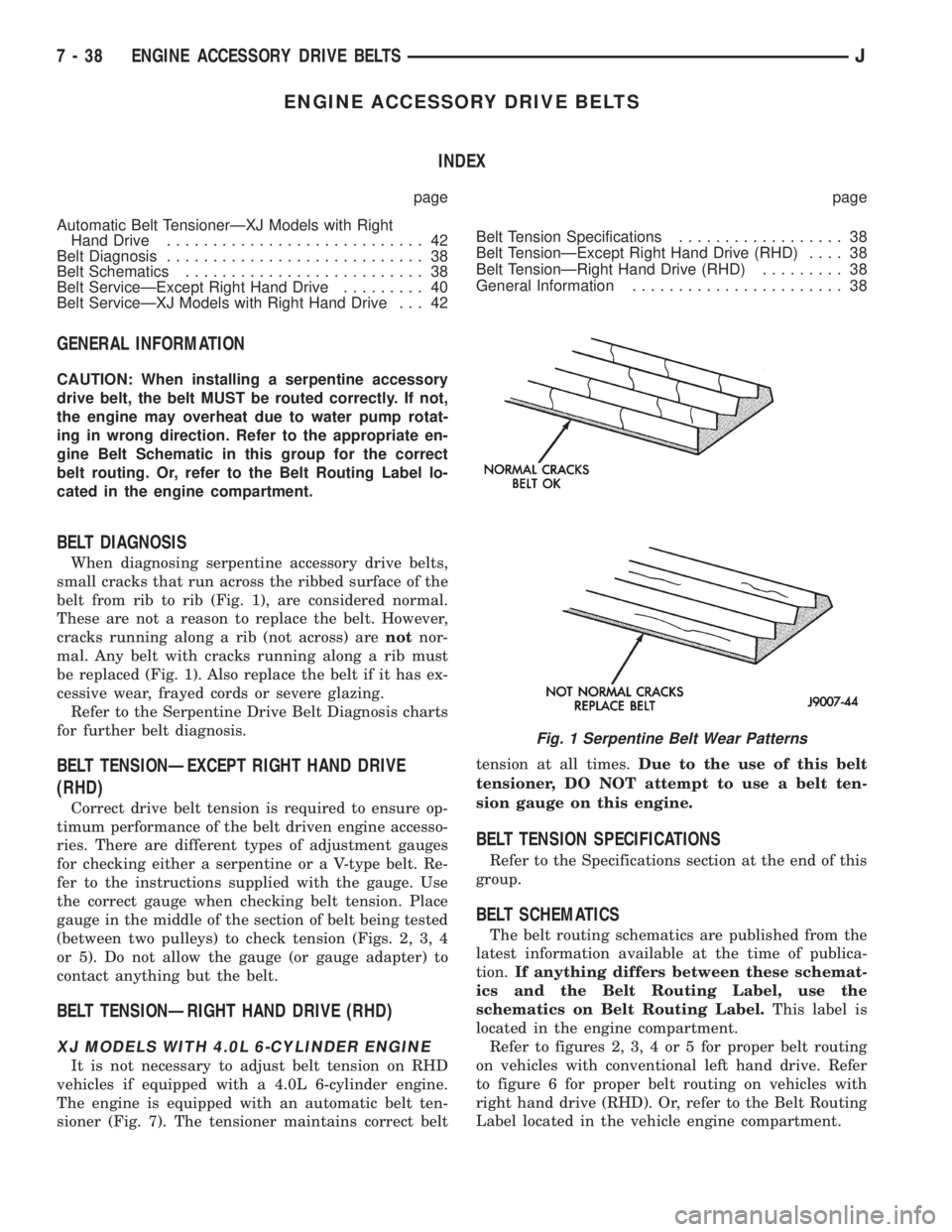 JEEP XJ 1995  Service And Repair Manual ENGINE ACCESSORY DRIVE BELTS
INDEX
page page
Automatic Belt TensionerÐXJ Models with Right
Hand Drive............................ 42
Belt Diagnosis............................ 38
Belt Schematics.....