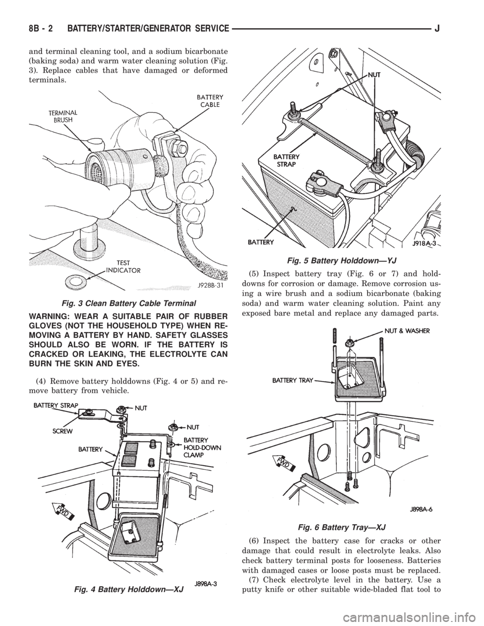 JEEP XJ 1995  Service And Repair Manual and terminal cleaning tool, and a sodium bicarbonate
(baking soda) and warm water cleaning solution (Fig.
3). Replace cables that have damaged or deformed
terminals.
WARNING: WEAR A SUITABLE PAIR OF R