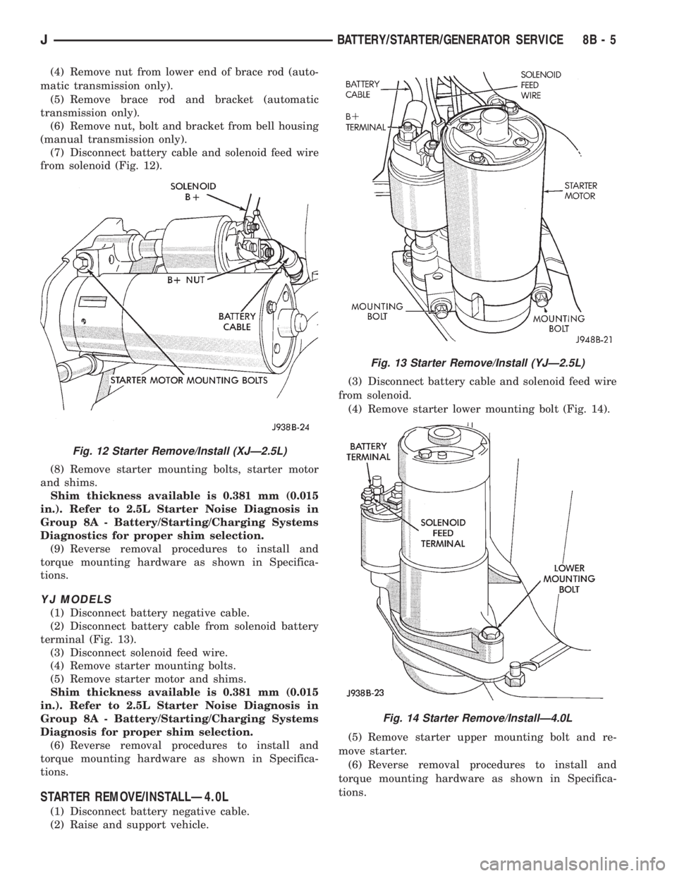 JEEP XJ 1995 Service And Repair Manual (4) Remove nut from lower end of brace rod (auto-
matic transmission only).
(5) Remove brace rod and bracket (automatic
transmission only).
(6) Remove nut, bolt and bracket from bell housing
(manual t JEEP XJ 1995 Service And Repair Manual (4) Remove nut from lower end of brace rod (auto-
matic transmission only).
(5) Remove brace rod and bracket (automatic
transmission only).
(6) Remove nut, bolt and bracket from bell housing
(manual t