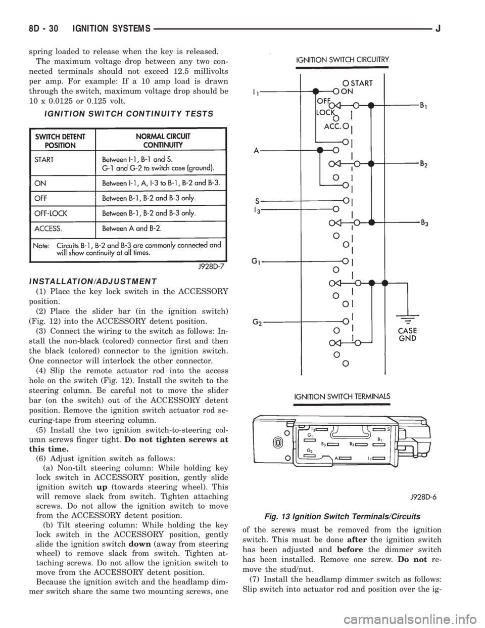 JEEP XJ 1995  Service And Repair Manual spring loaded to release when the key is released.
The maximum voltage drop between any two con-
nected terminals should not exceed 12.5 millivolts
per amp. For example: If a 10 amp load is drawn
thro