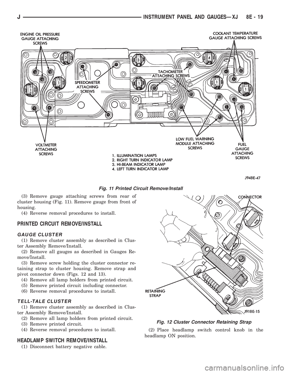 JEEP XJ 1995  Service And Repair Manual (3) Remove gauge attaching screws from rear of
cluster housing (Fig. 11). Remove gauge from front of
housing.
(4) Reverse removal procedures to install.
PRINTED CIRCUIT REMOVE/INSTALL
GAUGE CLUSTER
(1