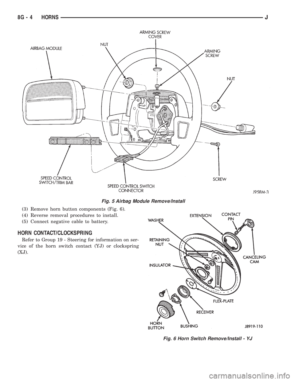 JEEP XJ 1995  Service And Repair Manual (3) Remove horn button components (Fig. 6).
(4) Reverse removal procedures to install.
(5) Connect negative cable to battery.
HORN CONTACT/CLOCKSPRING
Refer to Group 19 - Steering for information on s