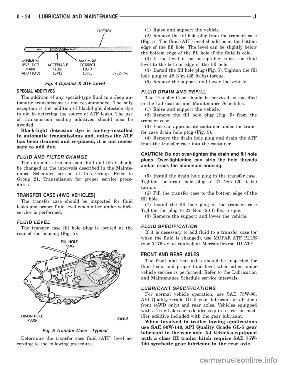 JEEP XJ 1995 Service And Repair Manual SPECIAL ADDITIVES
The addition of any special-type fluid to a Jeep au-
tomatic transmission is not recommended. The only
exception is the addition of black-light detection dye
to aid in detecting the JEEP XJ 1995 Service And Repair Manual SPECIAL ADDITIVES
The addition of any special-type fluid to a Jeep au-
tomatic transmission is not recommended. The only
exception is the addition of black-light detection dye
to aid in detecting the