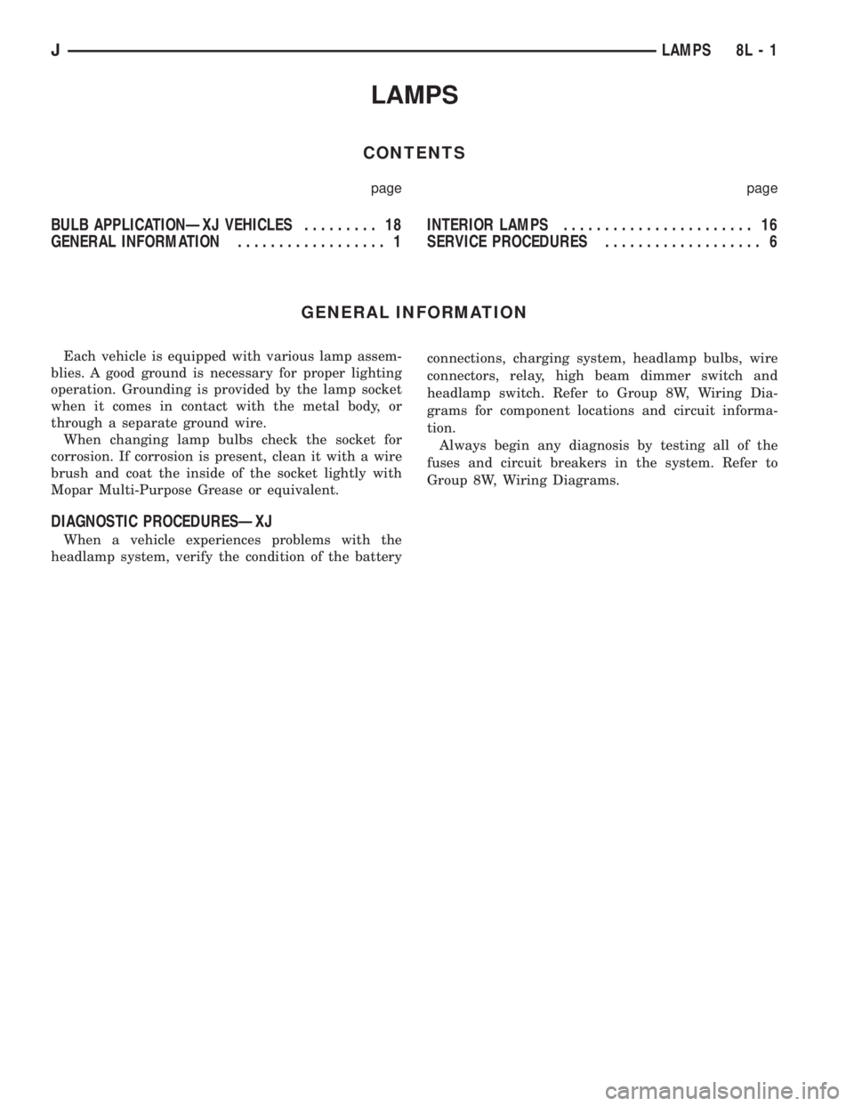 JEEP XJ 1995 Service And Repair Manual LAMPS
CONTENTS
page page
BULB APPLICATIONÐXJ VEHICLES......... 18
GENERAL INFORMATION.................. 1INTERIOR LAMPS....................... 16
SERVICE PROCEDURES................... 6
GENERAL INFOR JEEP XJ 1995 Service And Repair Manual LAMPS
CONTENTS
page page
BULB APPLICATIONÐXJ VEHICLES......... 18
GENERAL INFORMATION.................. 1INTERIOR LAMPS....................... 16
SERVICE PROCEDURES................... 6
GENERAL INFOR