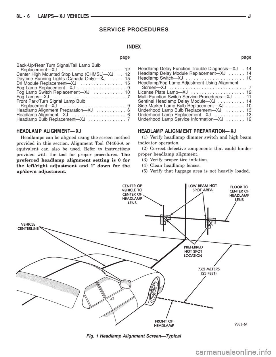 JEEP XJ 1995 Service And Repair Manual SERVICE PROCEDURES
INDEX
page page
Back-Up/Rear Turn Signal/Tail Lamp Bulb
ReplacementÐXJ....................... 12
Center High Mounted Stop Lamp (CHMSL)ÐXJ . . 12
Daytime Running Lights (Canada Onl JEEP XJ 1995 Service And Repair Manual SERVICE PROCEDURES
INDEX
page page
Back-Up/Rear Turn Signal/Tail Lamp Bulb
ReplacementÐXJ....................... 12
Center High Mounted Stop Lamp (CHMSL)ÐXJ . . 12
Daytime Running Lights (Canada Onl