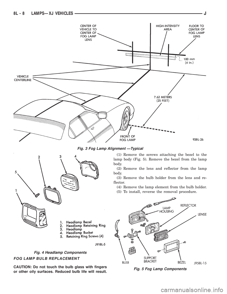 JEEP XJ 1995  Service And Repair Manual FOG LAMP BULB REPLACEMENT
CAUTION: Do not touch the bulb glass with fingers
or other oily surfaces. Reduced bulb life will result.(1) Remove the screws attaching the bezel to the
lamp body (Fig. 5). R