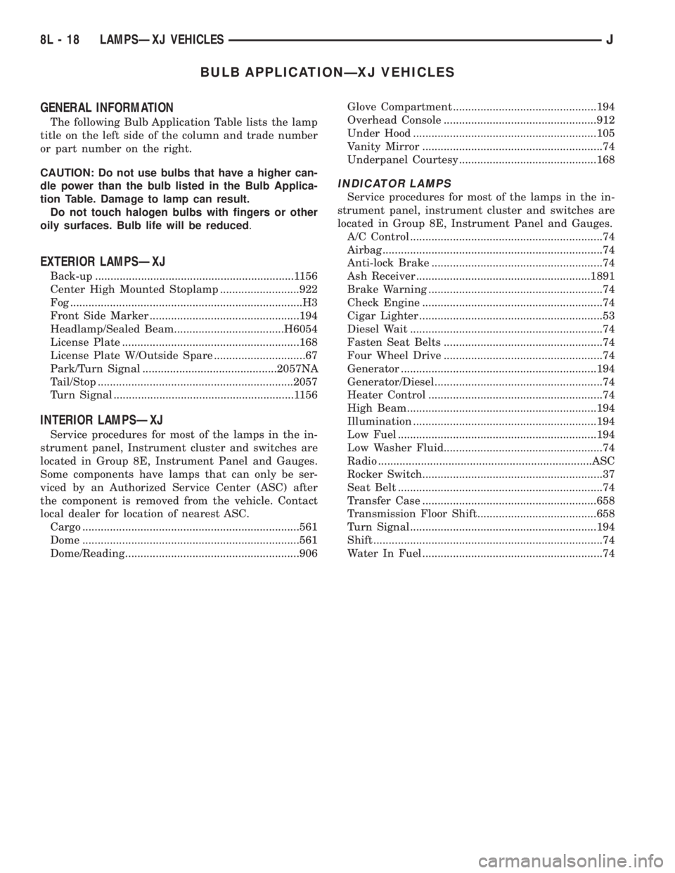 JEEP XJ 1995  Service And Repair Manual BULB APPLICATIONÐXJ VEHICLES
GENERAL INFORMATION
The following Bulb Application Table lists the lamp
title on the left side of the column and trade number
or part number on the right.
CAUTION: Do not