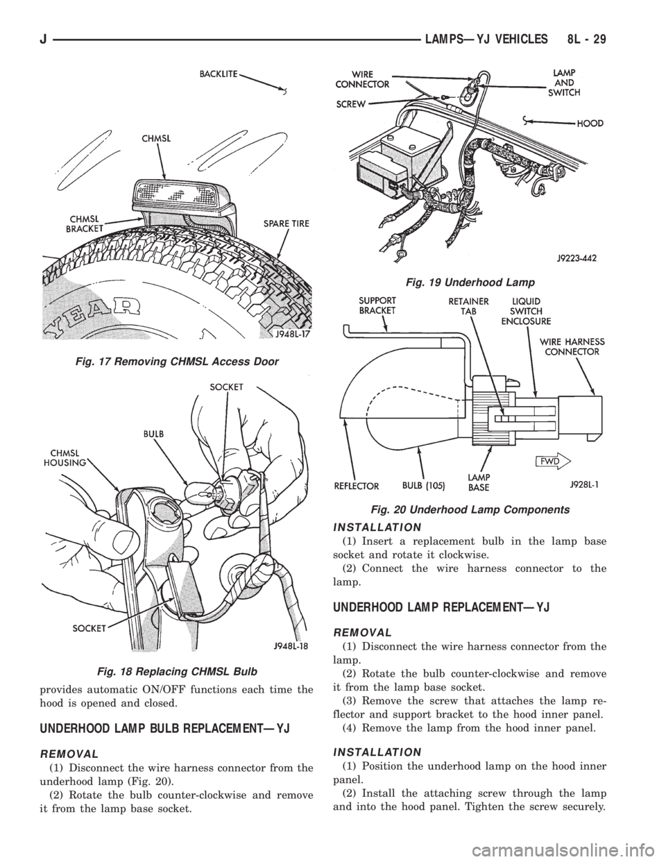 JEEP XJ 1995  Service And Repair Manual provides automatic ON/OFF functions each time the
hood is opened and closed.
UNDERHOOD LAMP BULB REPLACEMENTÐYJ
REMOVAL
(1) Disconnect the wire harness connector from the
underhood lamp (Fig. 20).
(2