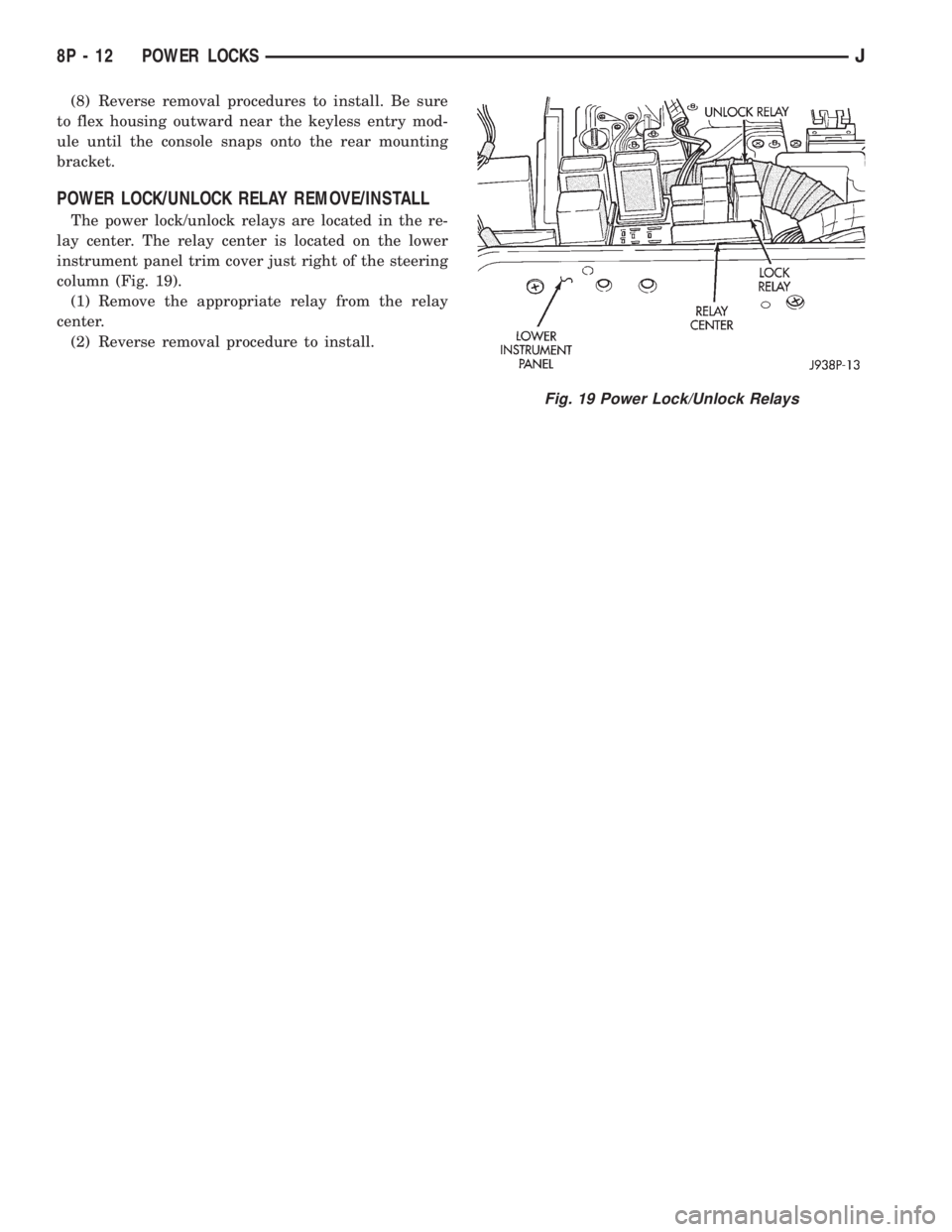 JEEP XJ 1995  Service And Repair Manual (8) Reverse removal procedures to install. Be sure
to flex housing outward near the keyless entry mod-
ule until the console snaps onto the rear mounting
bracket.
POWER LOCK/UNLOCK RELAY REMOVE/INSTAL