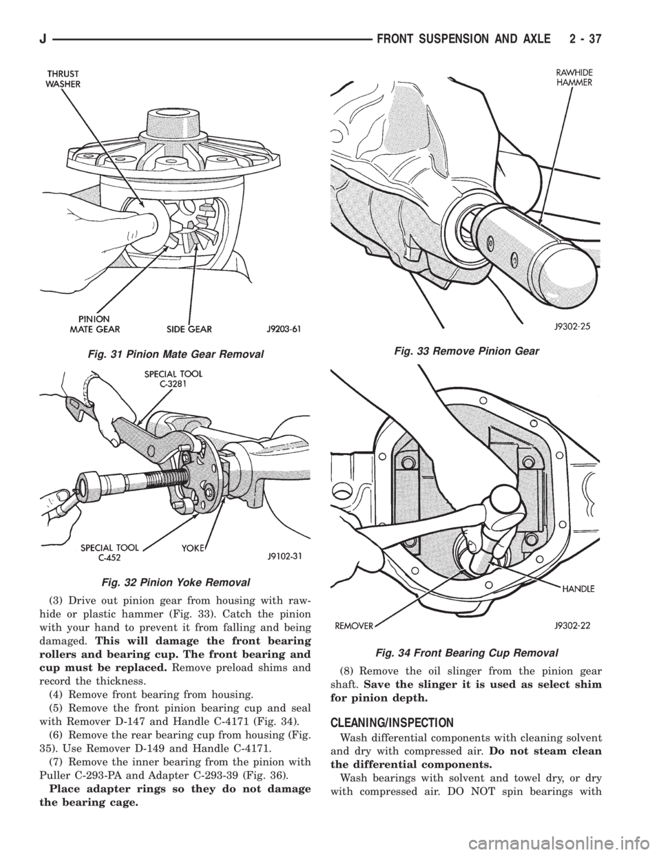 JEEP XJ 1995 Service And Repair Manual (3) Drive out pinion gear from housing with raw-
hide or plastic hammer (Fig. 33). Catch the pinion
with your hand to prevent it from falling and being
damaged.This will damage the front bearing
rolle JEEP XJ 1995 Service And Repair Manual (3) Drive out pinion gear from housing with raw-
hide or plastic hammer (Fig. 33). Catch the pinion
with your hand to prevent it from falling and being
damaged.This will damage the front bearing
rolle