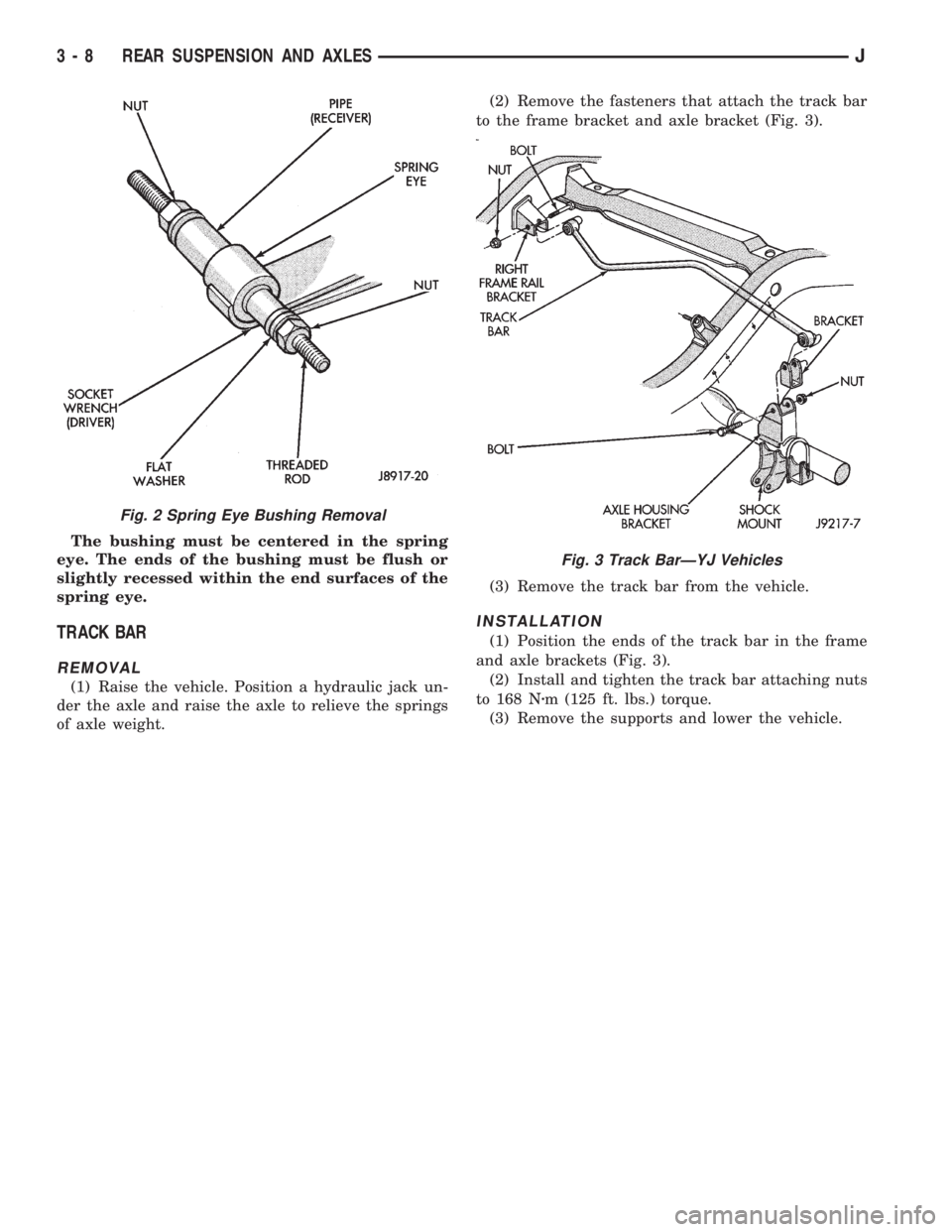 JEEP YJ 1995  Service And Repair Manual The bushing must be centered in the spring
eye. The ends of the bushing must be flush or
slightly recessed within the end surfaces of the
spring eye.
TRACK BAR
REMOVAL
(1) Raise the vehicle. Position 