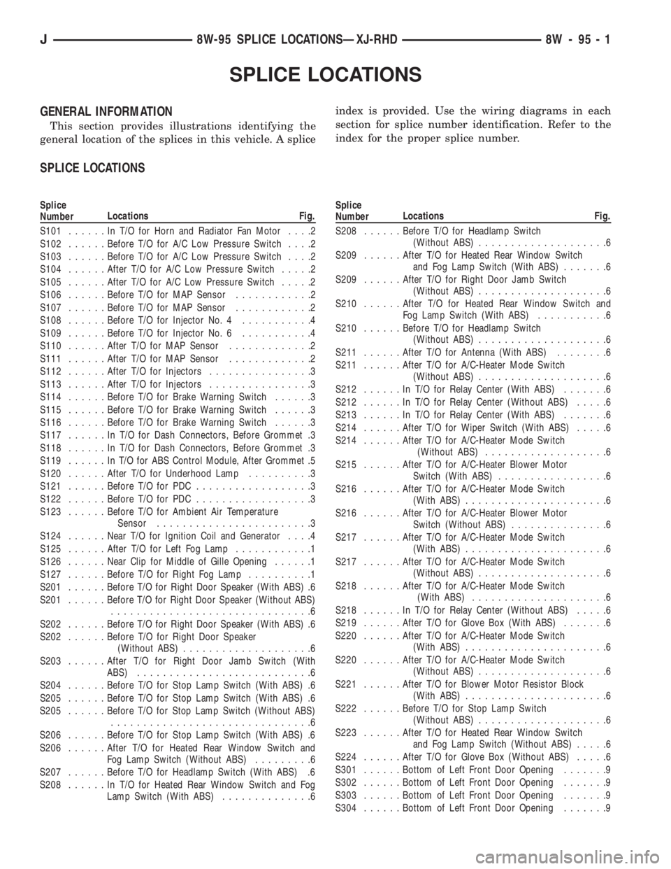 JEEP YJ 1995  Service And Repair Manual SPLICE LOCATIONS
GENERAL INFORMATION
This section provides illustrations identifying the
general location of the splices in this vehicle. A spliceindex is provided. Use the wiring diagrams in each
sec
