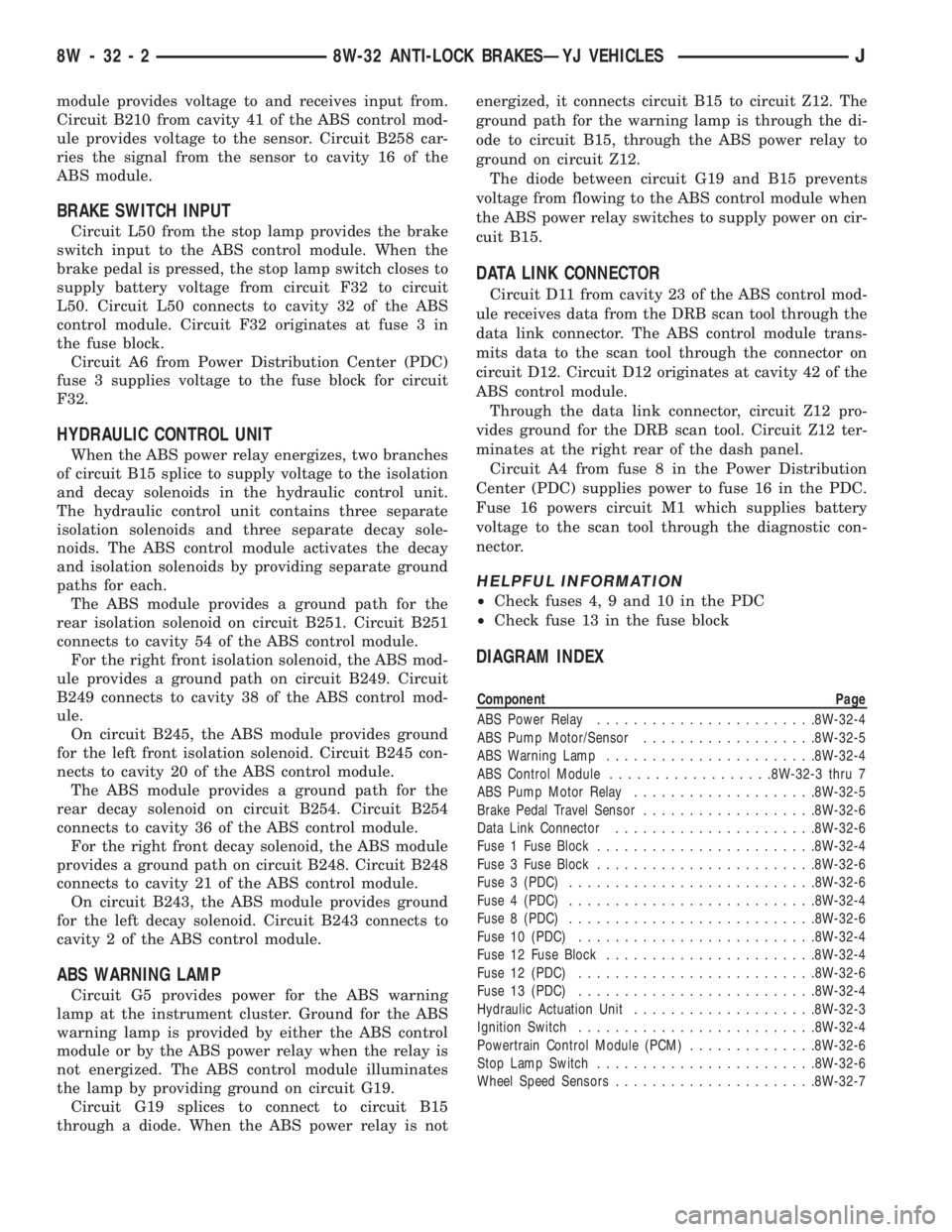 JEEP YJ 1995  Service And Repair Manual module provides voltage to and receives input from.
Circuit B210 from cavity 41 of the ABS control mod-
ule provides voltage to the sensor. Circuit B258 car-
ries the signal from the sensor to cavity 