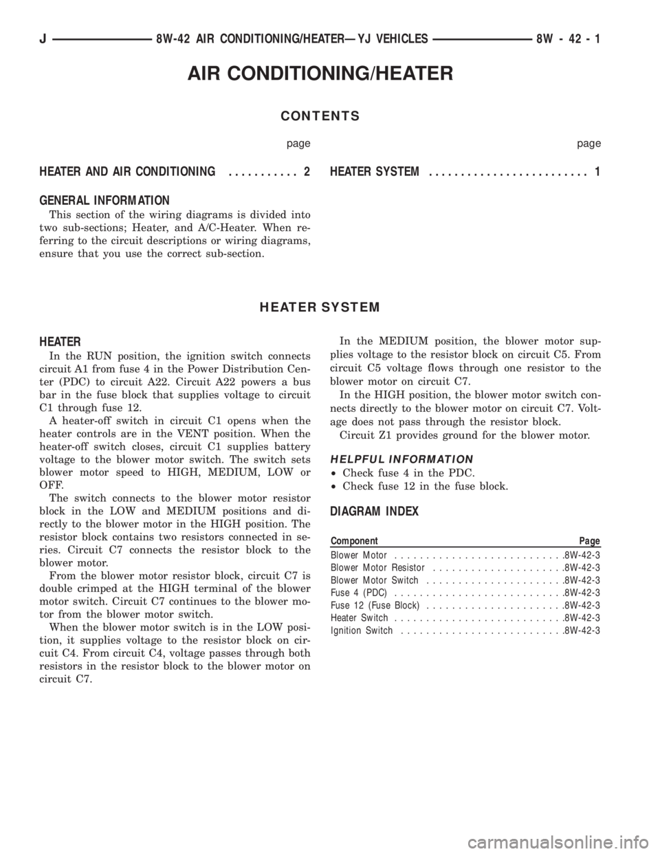 JEEP YJ 1995  Service And Repair Manual AIR CONDITIONING/HEATER
CONTENTS
page page
HEATER AND AIR CONDITIONING........... 2 HEATERSYSTEM......................... 1
GENERAL INFORMATION
This section of the wiring diagrams is divided into
two 