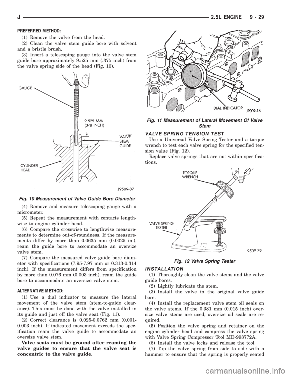 JEEP YJ 1995  Service And Repair Manual PREFERRED METHOD:
(1) Remove the valve from the head.
(2) Clean the valve stem guide bore with solvent
and a bristle brush.
(3) Insert a telescoping gauge into the valve stem
guide bore approximately 