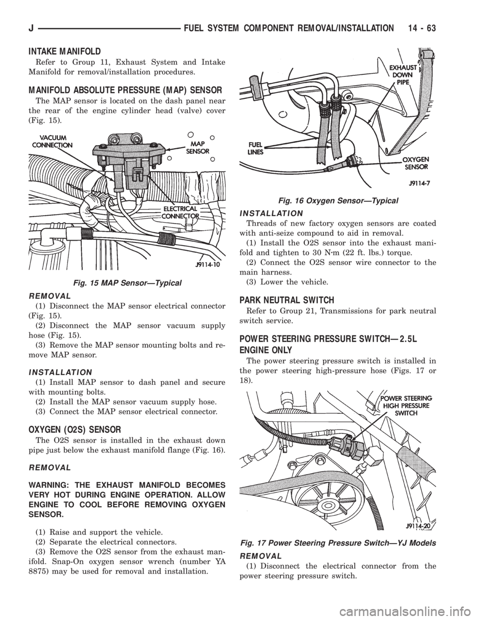 JEEP YJ 1995  Service And Repair Manual INTAKE MANIFOLD
Refer to Group 11, Exhaust System and Intake
Manifold for removal/installation procedures.
MANIFOLD ABSOLUTE PRESSURE (MAP) SENSOR
The MAP sensor is located on the dash panel near
the 
