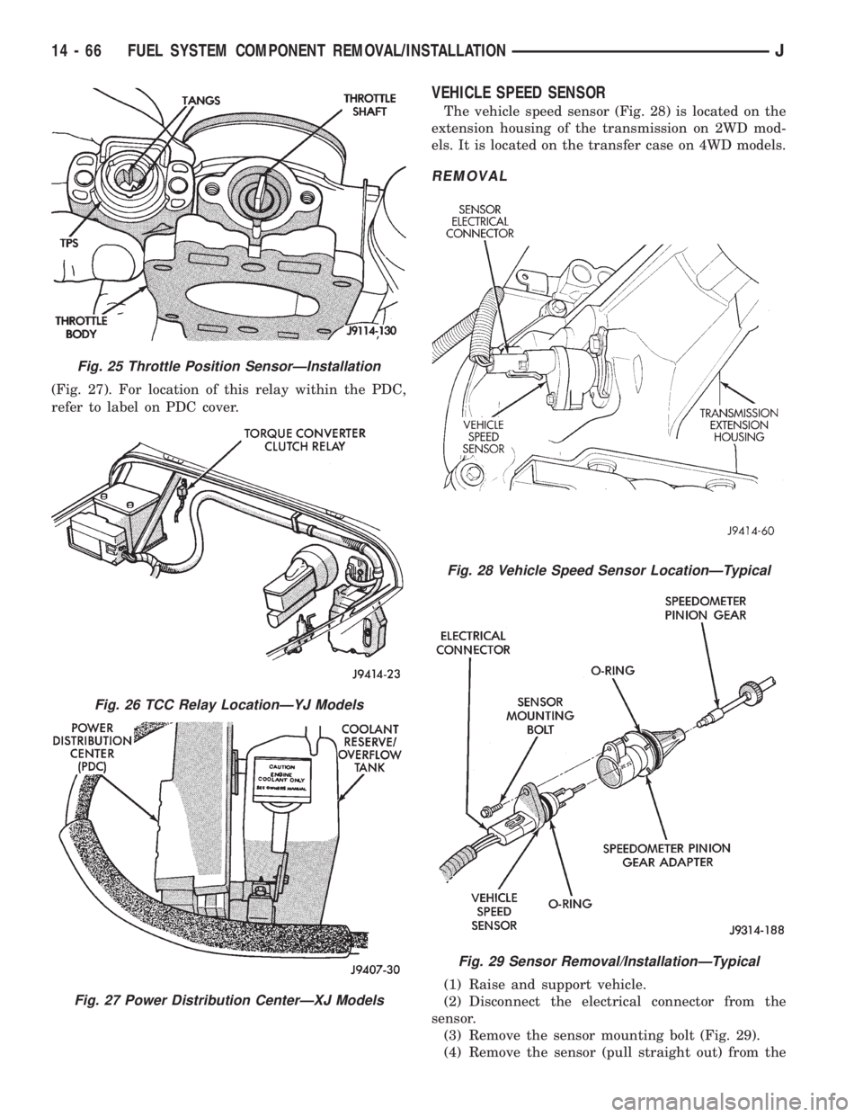 JEEP YJ 1995  Service And Repair Manual (Fig. 27). For location of this relay within the PDC,
refer to label on PDC cover.
VEHICLE SPEED SENSOR
The vehicle speed sensor (Fig. 28) is located on the
extension housing of the transmission on 2W