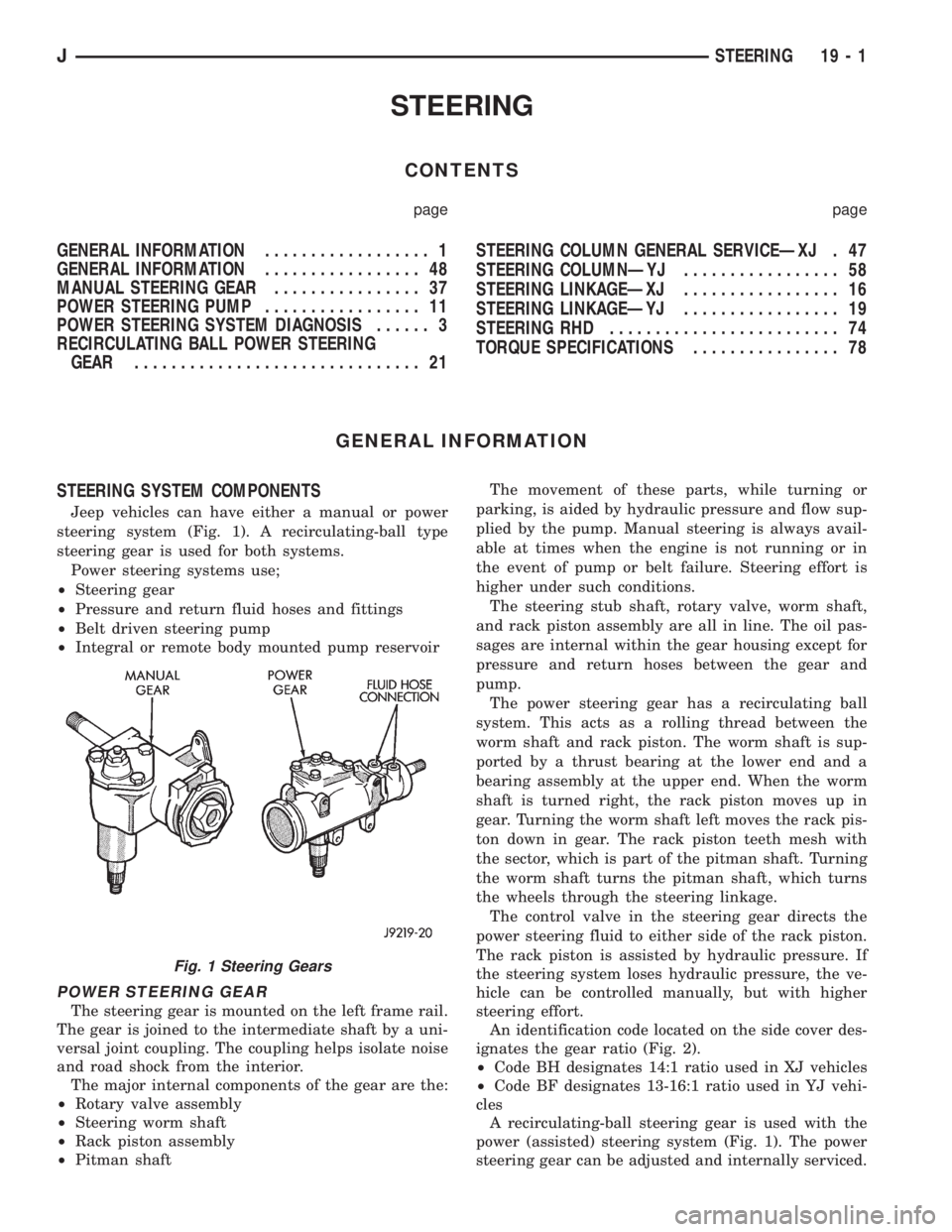 JEEP YJ 1995  Service And Repair Manual STEERING
CONTENTS
page page
GENERAL INFORMATION.................. 1
GENERAL INFORMATION................. 48
MANUAL STEERING GEAR................ 37
POWER STEERING PUMP................. 11
POWER STEERI