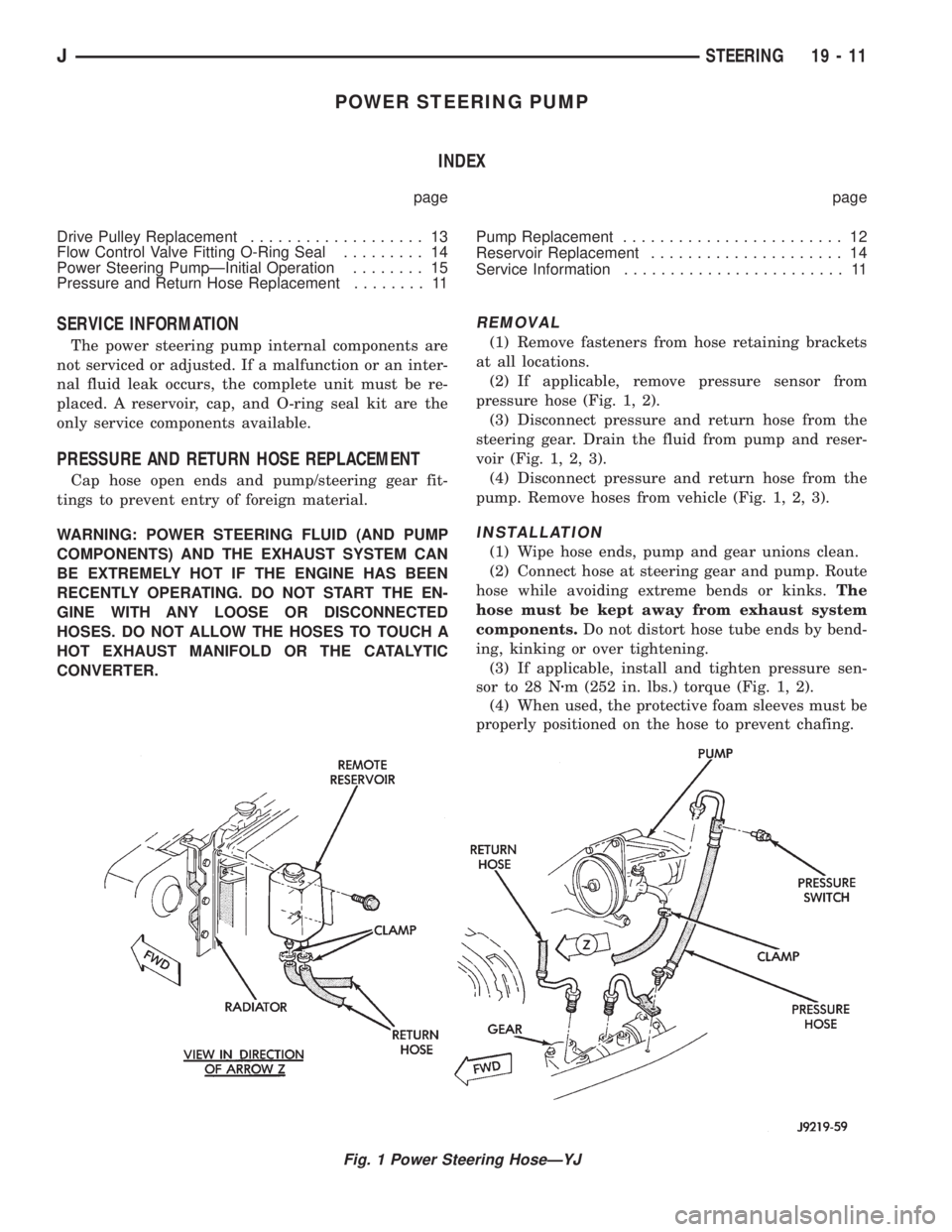 JEEP YJ 1995  Service And Repair Manual POWER STEERING PUMP
INDEX
page page
Drive Pulley Replacement................... 13
Flow Control Valve Fitting O-Ring Seal......... 14
Power Steering PumpÐInitial Operation........ 15
Pressure and Ret