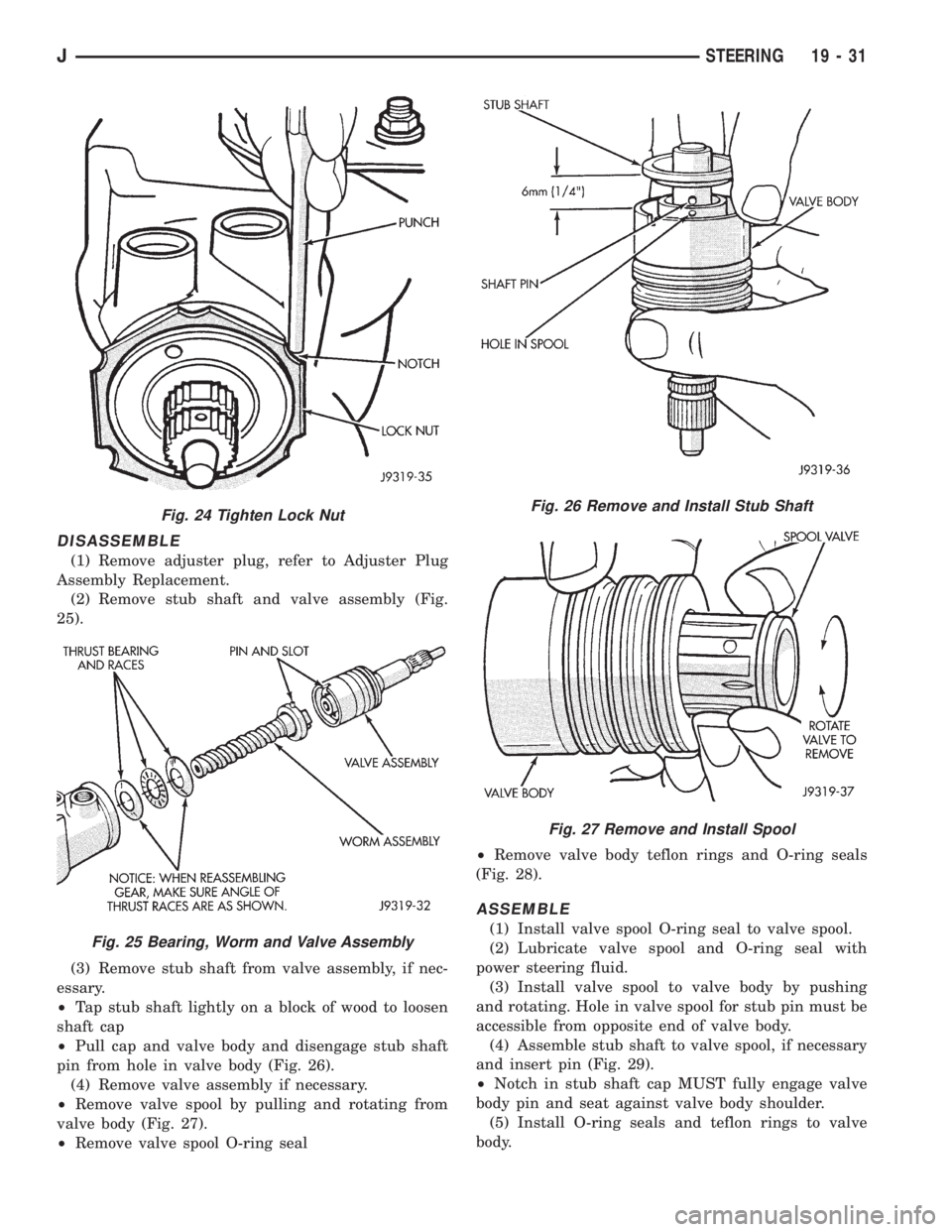 JEEP YJ 1995  Service And Repair Manual DISASSEMBLE
(1) Remove adjuster plug, refer to Adjuster Plug
Assembly Replacement.
(2) Remove stub shaft and valve assembly (Fig.
25).
(3) Remove stub shaft from valve assembly, if nec-
essary.
²Tap 