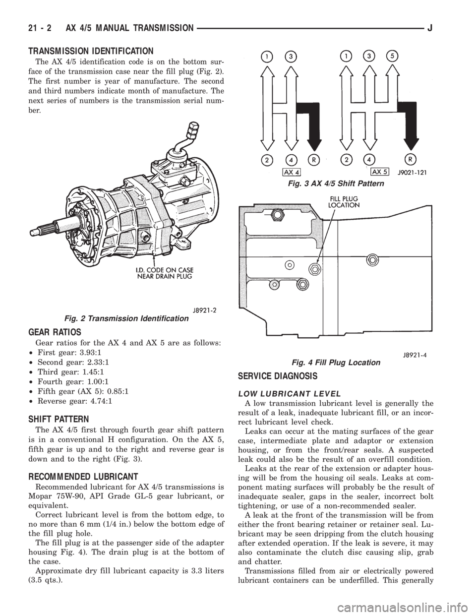 JEEP YJ 1995  Service And Repair Manual TRANSMISSION IDENTIFICATION
The AX 4/5 identification code is on the bottom sur-
face of the transmission case near the fill plug (Fig. 2).
The first number is year of manufacture. The second
and thir