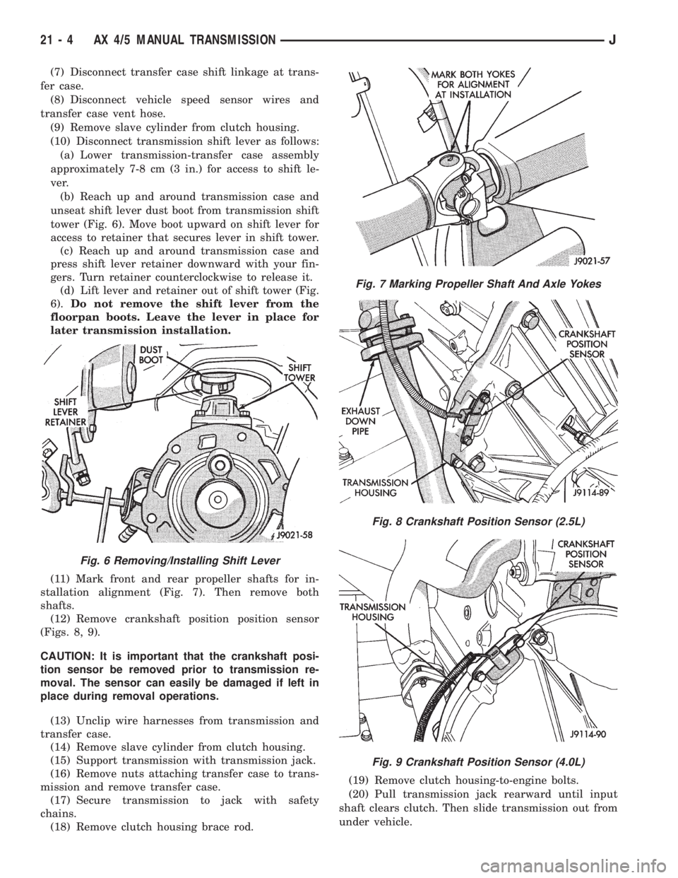 JEEP YJ 1995  Service And Repair Manual (7) Disconnect transfer case shift linkage at trans-
fer case.
(8) Disconnect vehicle speed sensor wires and
transfer case vent hose.
(9) Remove slave cylinder from clutch housing.
(10) Disconnect tra