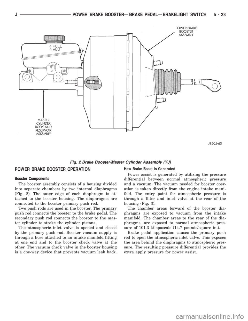 JEEP YJ 1995  Service And Repair Manual POWER BRAKE BOOSTER OPERATION
Booster Components
The booster assembly consists of a housing divided
into separate chambers by two internal diaphragms
(Fig. 2). The outer edge of each diaphragm is at-
