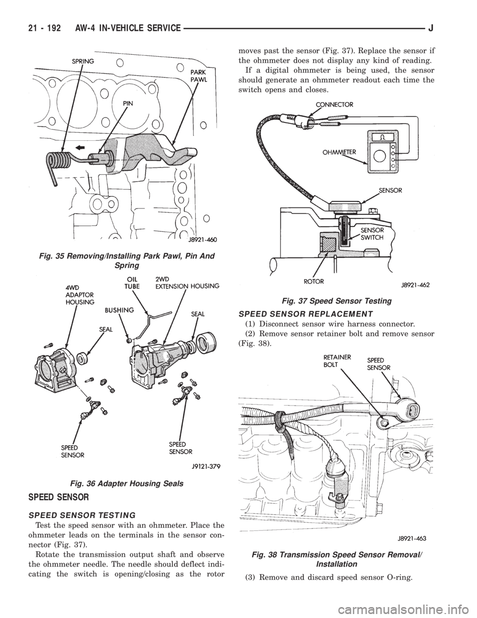 JEEP YJ 1995  Service And Repair Manual SPEED SENSOR
SPEED SENSOR TESTING
Test the speed sensor with an ohmmeter. Place the
ohmmeter leads on the terminals in the sensor con-
nector (Fig. 37).
Rotate the transmission output shaft and observ