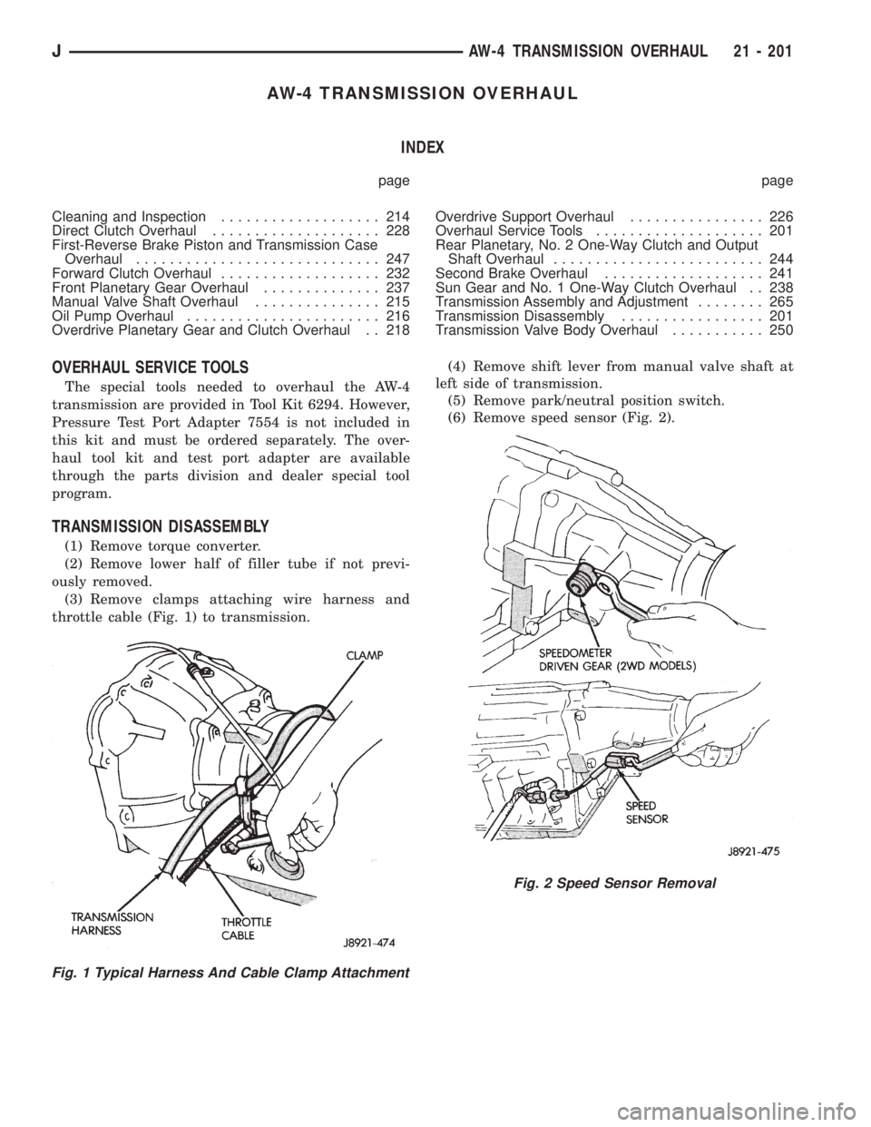 JEEP YJ 1995  Service And Repair Manual AW-4 TRANSMISSION OVERHAUL
INDEX
page page
Cleaning and Inspection................... 214
Direct Clutch Overhaul.................... 228
First-Reverse Brake Piston and Transmission Case
Overhaul......