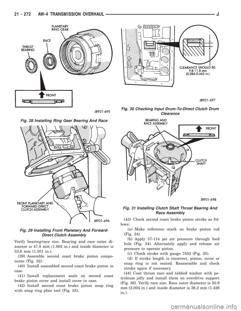 JEEP YJ 1995  Service And Repair Manual Verify bearing/race size. Bearing and race outer di-
ameter is 47.8 mm (1.882 in.) and inside diameter is
33.6 mm (1.301 in.).
(39) Assemble second coast brake piston compo-
nents (Fig. 32).
(40) Inst
