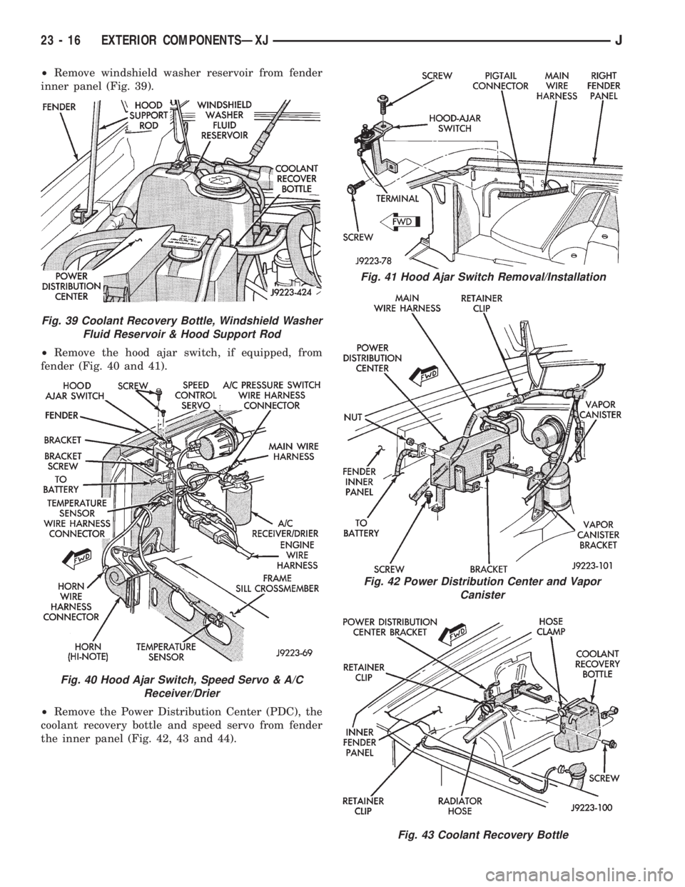 JEEP YJ 1995  Service And Repair Manual ²Remove windshield washer reservoir from fender
inner panel (Fig. 39).
²Remove the hood ajar switch, if equipped, from
fender (Fig. 40 and 41).
²Remove the Power Distribution Center (PDC), the
cool