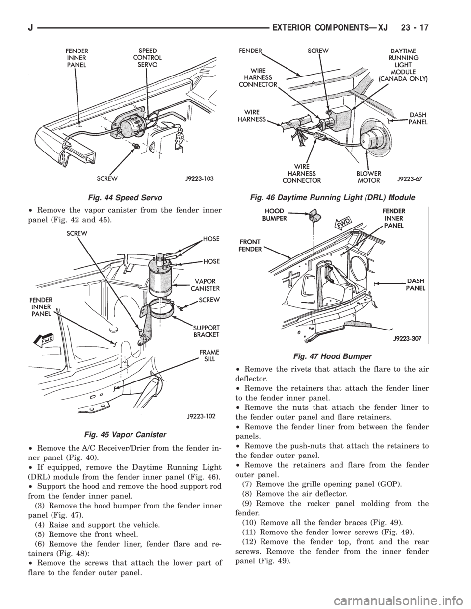 JEEP YJ 1995  Service And Repair Manual ²Remove the vapor canister from the fender inner
panel (Fig. 42 and 45).
²Remove the A/C Receiver/Drier from the fender in-
ner panel (Fig. 40).
²If equipped, remove the Daytime Running Light
(DRL)