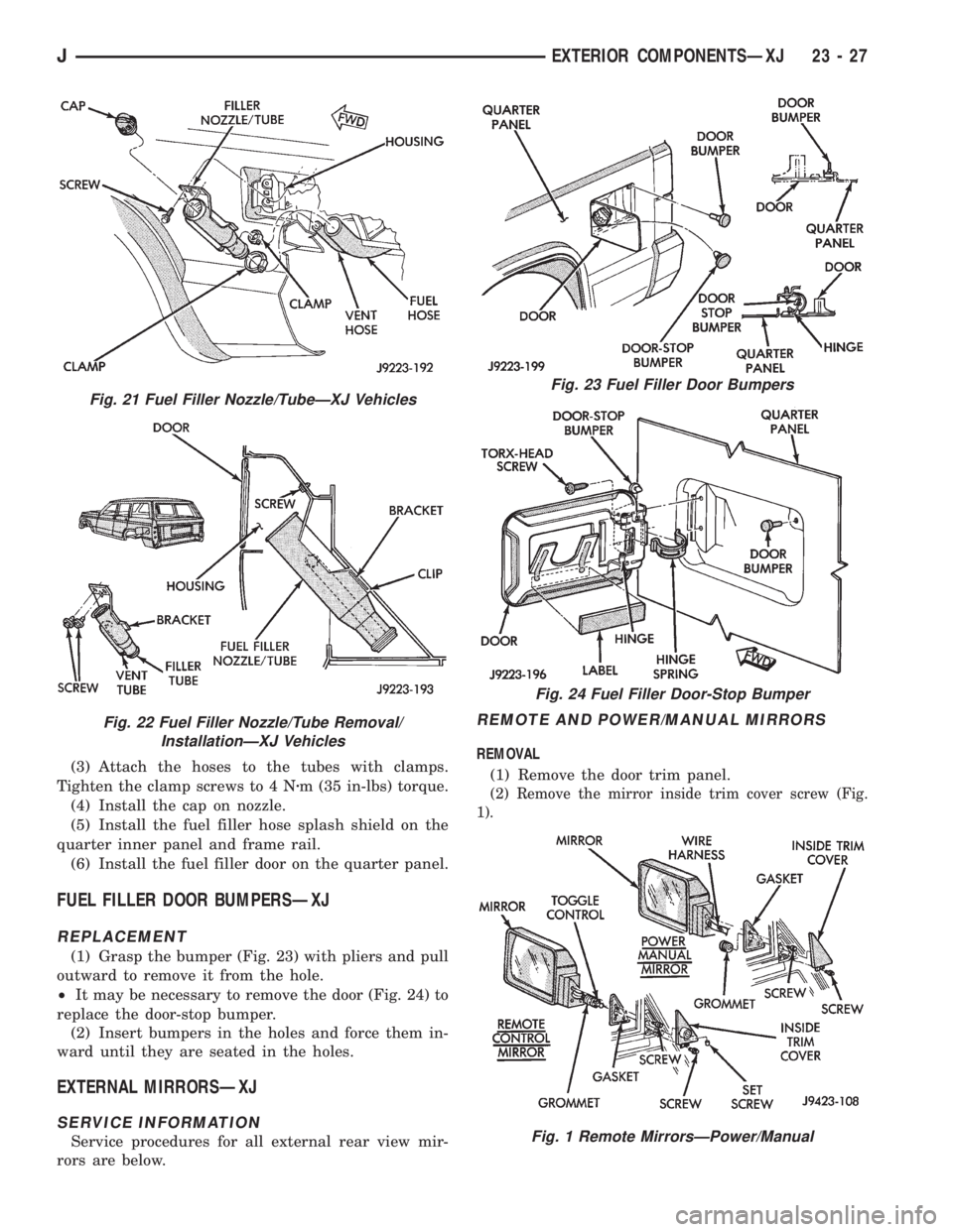 JEEP YJ 1995  Service And Repair Manual (3) Attach the hoses to the tubes with clamps.
Tighten the clamp screws to 4 Nzm (35 in-lbs) torque.
(4) Install the cap on nozzle.
(5) Install the fuel filler hose splash shield on the
quarter inner 