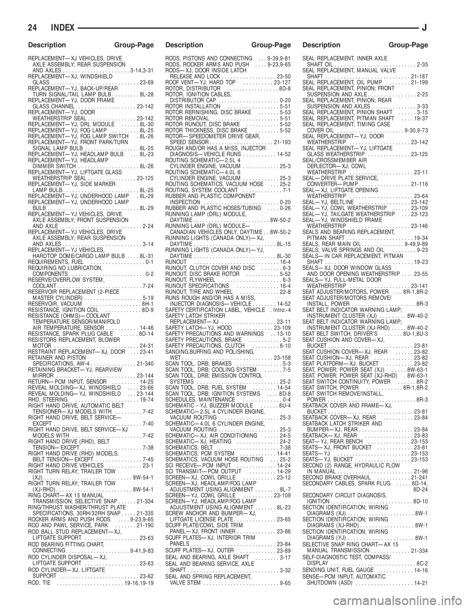 JEEP YJ 1995  Service And Repair Manual REPLACEMENTÐXJ VEHICLES, DRIVE
AXLE ASSEMBLY; REAR SUSPENSION
AND AXLES......................3-14,3-31
REPLACEMENTÐXJ, WINDSHIELD
GLASS.............................23-69
REPLACEMENTÐYJ, BACK-UP/REA