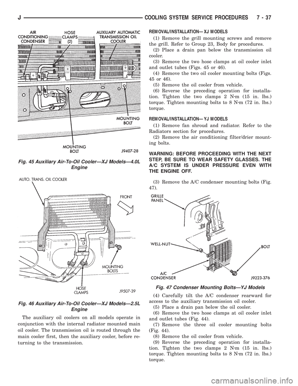 JEEP YJ 1995  Service And Repair Manual The auxiliary oil coolers on all models operate in
conjunction with the internal radiator mounted main
oil cooler. The transmission oil is routed through the
main cooler first, then the auxiliary cool