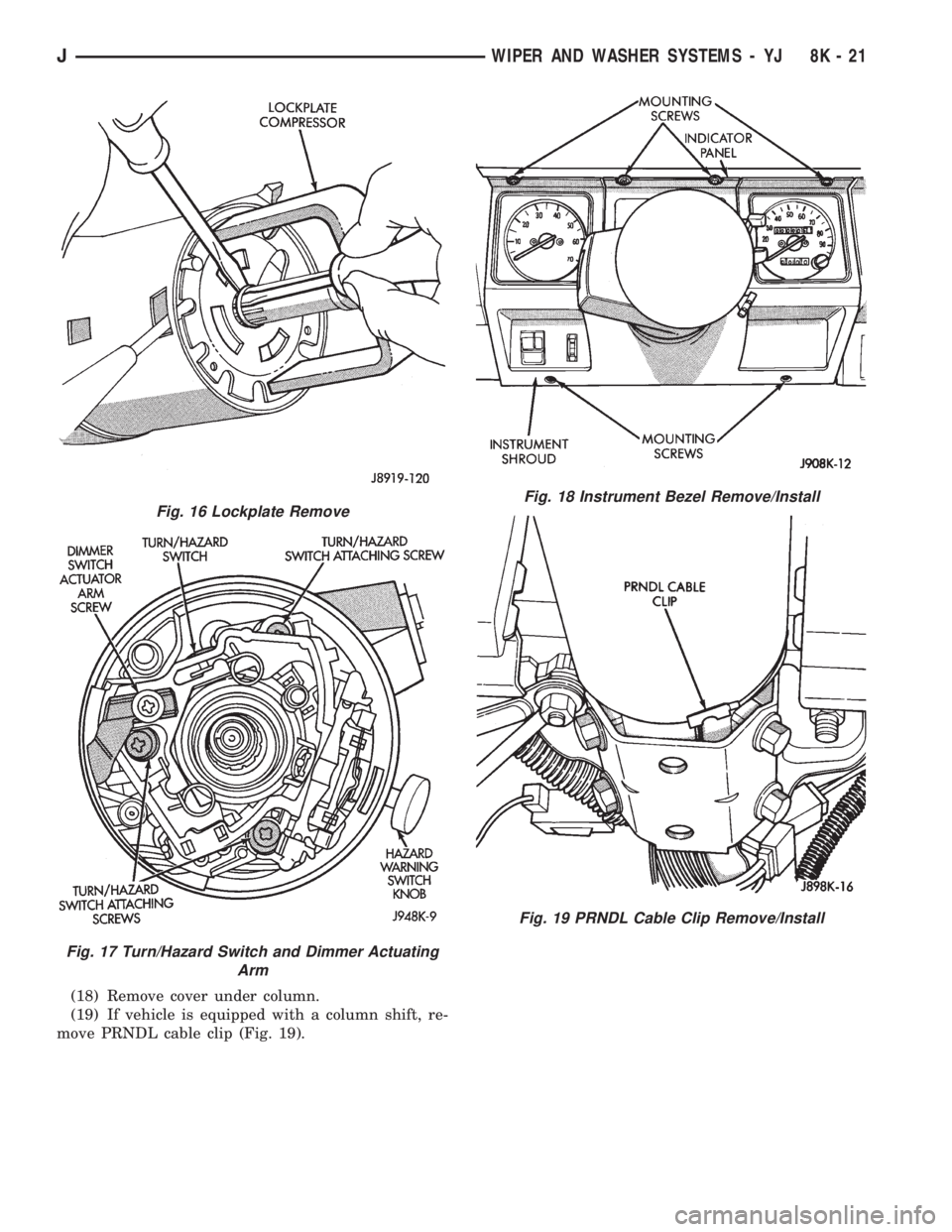 JEEP YJ 1995  Service And Repair Manual (18) Remove cover under column.
(19) If vehicle is equipped with a column shift, re-
move PRNDL cable clip (Fig. 19).
Fig. 16 Lockplate Remove
Fig. 17 Turn/Hazard Switch and Dimmer Actuating
Arm
Fig. 