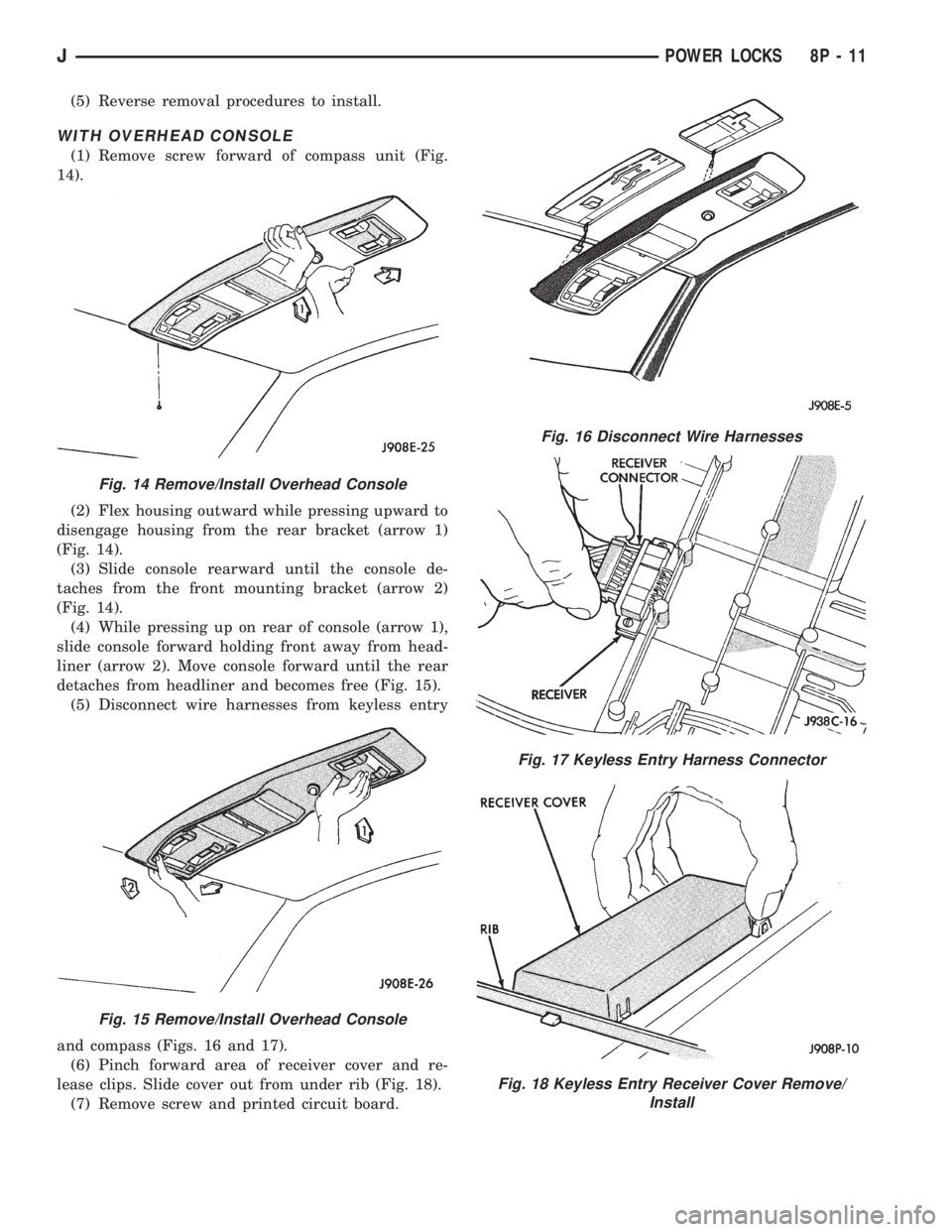 JEEP YJ 1995  Service And Repair Manual (5) Reverse removal procedures to install.
WITH OVERHEAD CONSOLE
(1) Remove screw forward of compass unit (Fig.
14).
(2) Flex housing outward while pressing upward to
disengage housing from the rear b