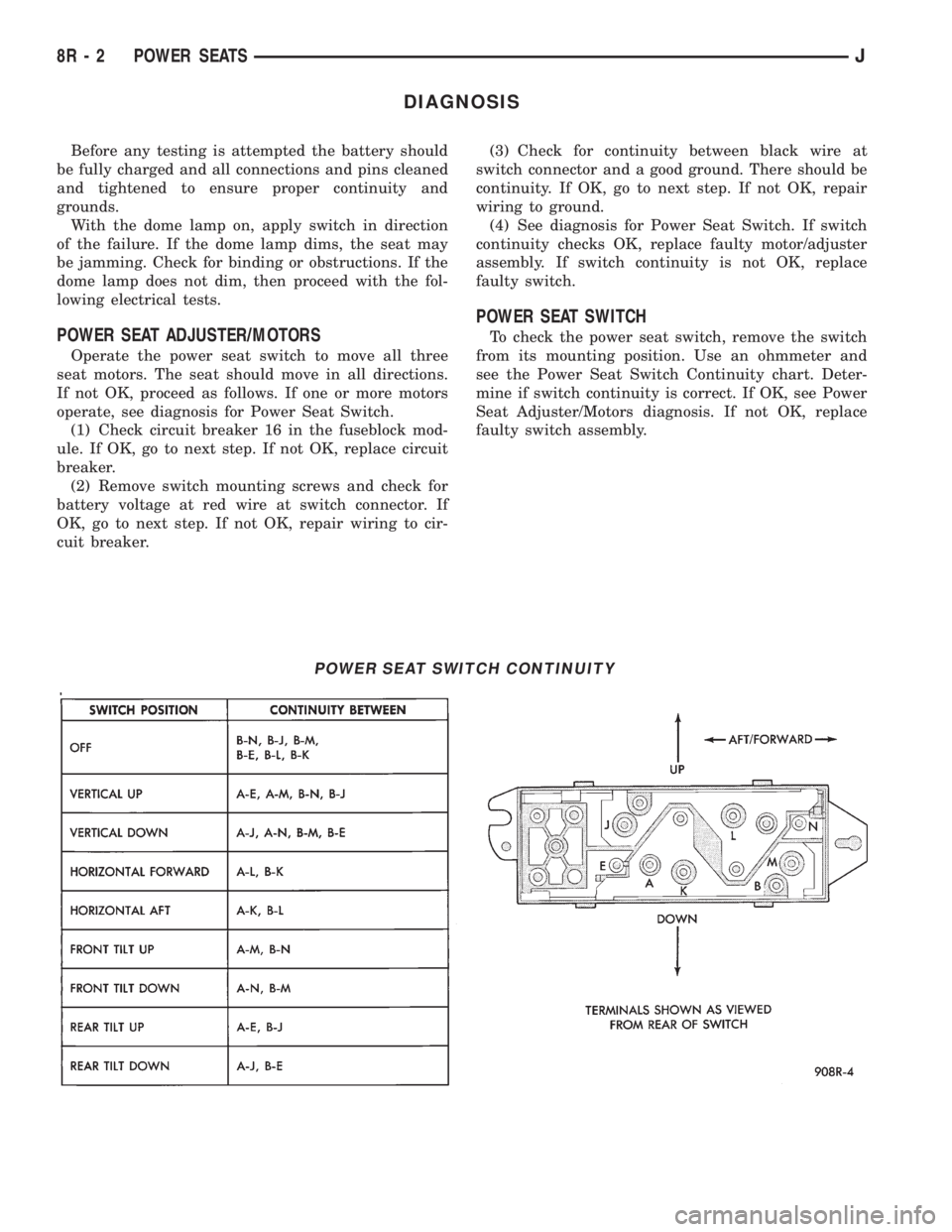 JEEP YJ 1995  Service And Repair Manual DIAGNOSIS
Before any testing is attempted the battery should
be fully charged and all connections and pins cleaned
and tightened to ensure proper continuity and
grounds.
With the dome lamp on, apply s