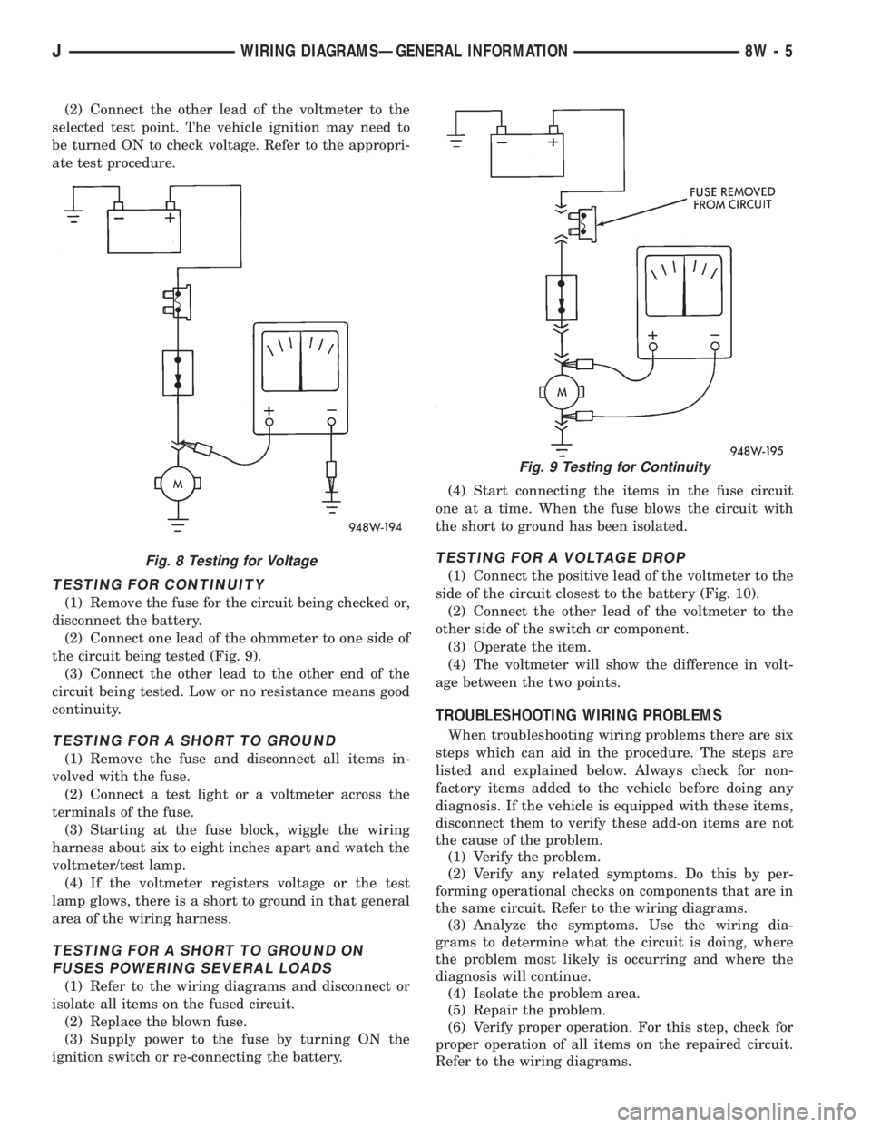 JEEP YJ 1995  Service And Repair Manual (2) Connect the other lead of the voltmeter to the
selected test point. The vehicle ignition may need to
be turned ON to check voltage. Refer to the appropri-
ate test procedure.
TESTING FOR CONTINUIT