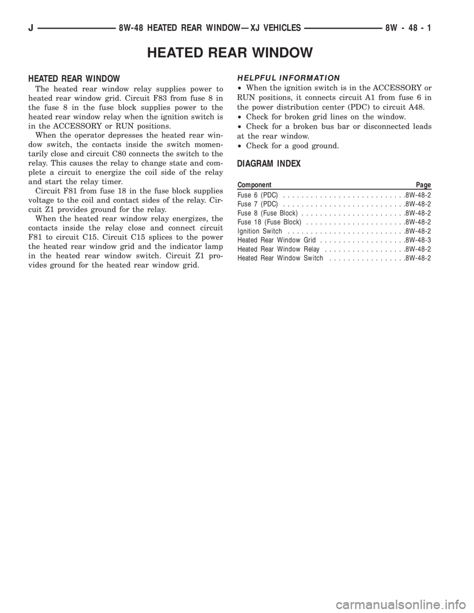 JEEP YJ 1995  Service And Repair Manual HEATED REAR WINDOW
HEATED REAR WINDOW
The heated rear window relay supplies power to
heated rear window grid. Circuit F83 from fuse 8 in
the fuse 8 in the fuse block supplies power to the
heated rear 