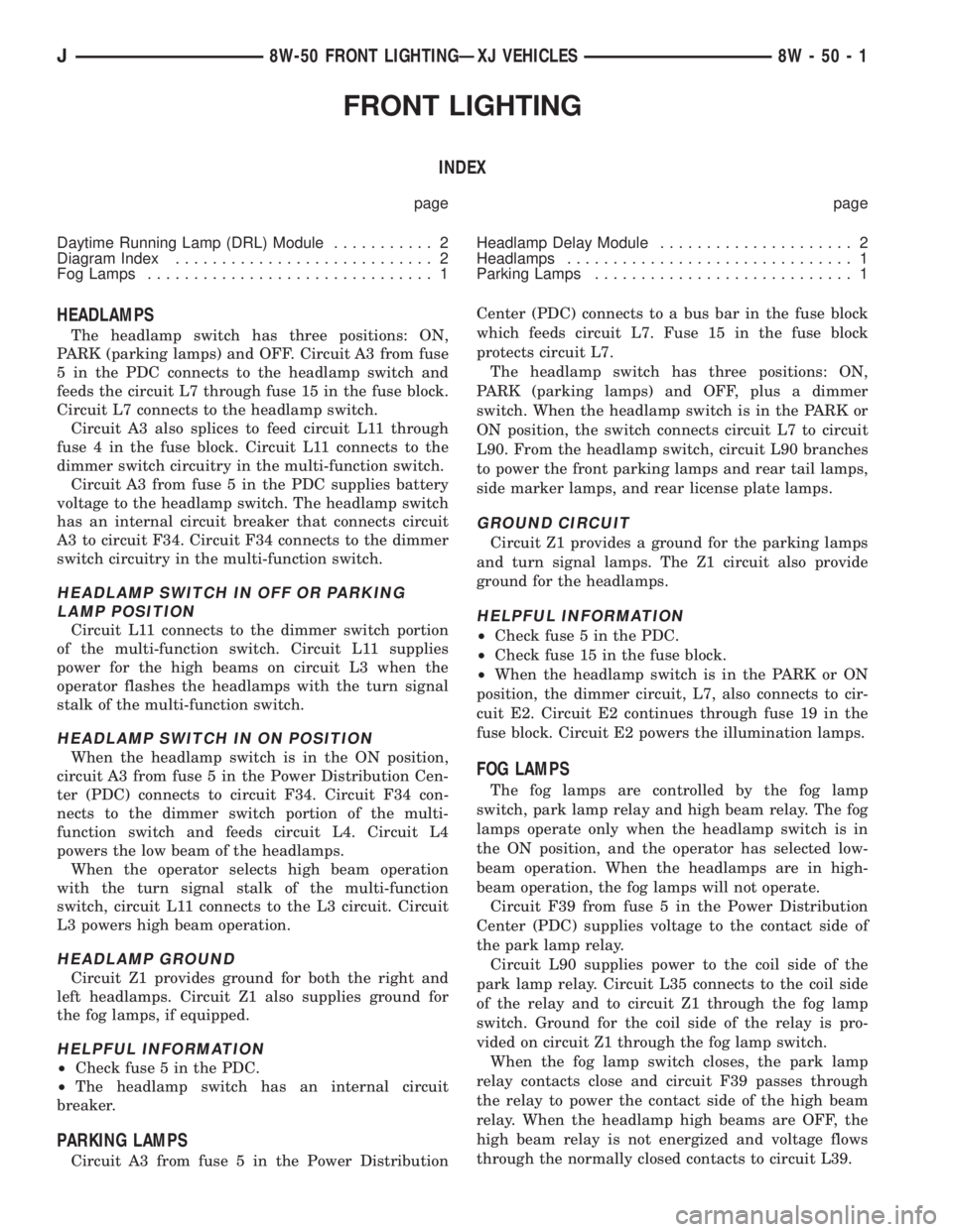 JEEP YJ 1995  Service And Repair Manual FRONT LIGHTING
INDEX
page page
Daytime Running Lamp (DRL) Module........... 2
Diagram Index............................ 2
Fog Lamps............................... 1Headlamp Delay Module...............