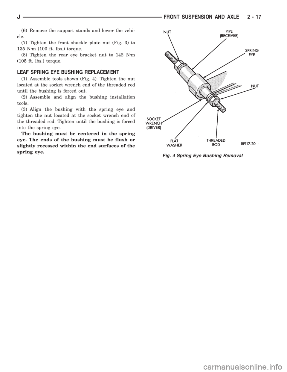 JEEP YJ 1995  Service And Repair Manual (6) Remove the support stands and lower the vehi-
cle.
(7) Tighten the front shackle plate nut (Fig. 3) to
135 Nzm (100 ft. lbs.) torque.
(8) Tighten the rear eye bracket nut to 142 Nzm
(105 ft. lbs.)