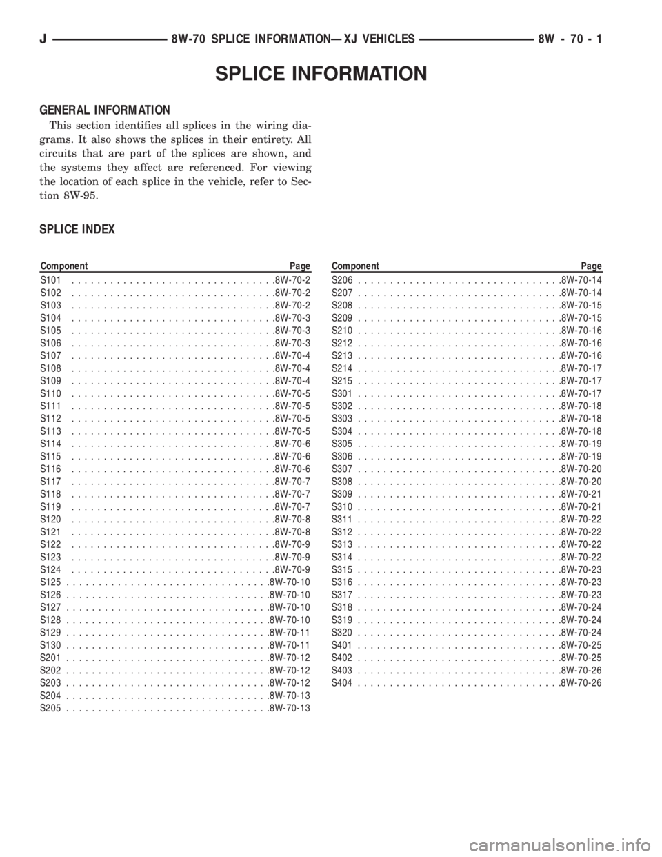 JEEP YJ 1995  Service And Repair Manual SPLICE INFORMATION
GENERAL INFORMATION
This section identifies all splices in the wiring dia-
grams. It also shows the splices in their entirety. All
circuits that are part of the splices are shown, a