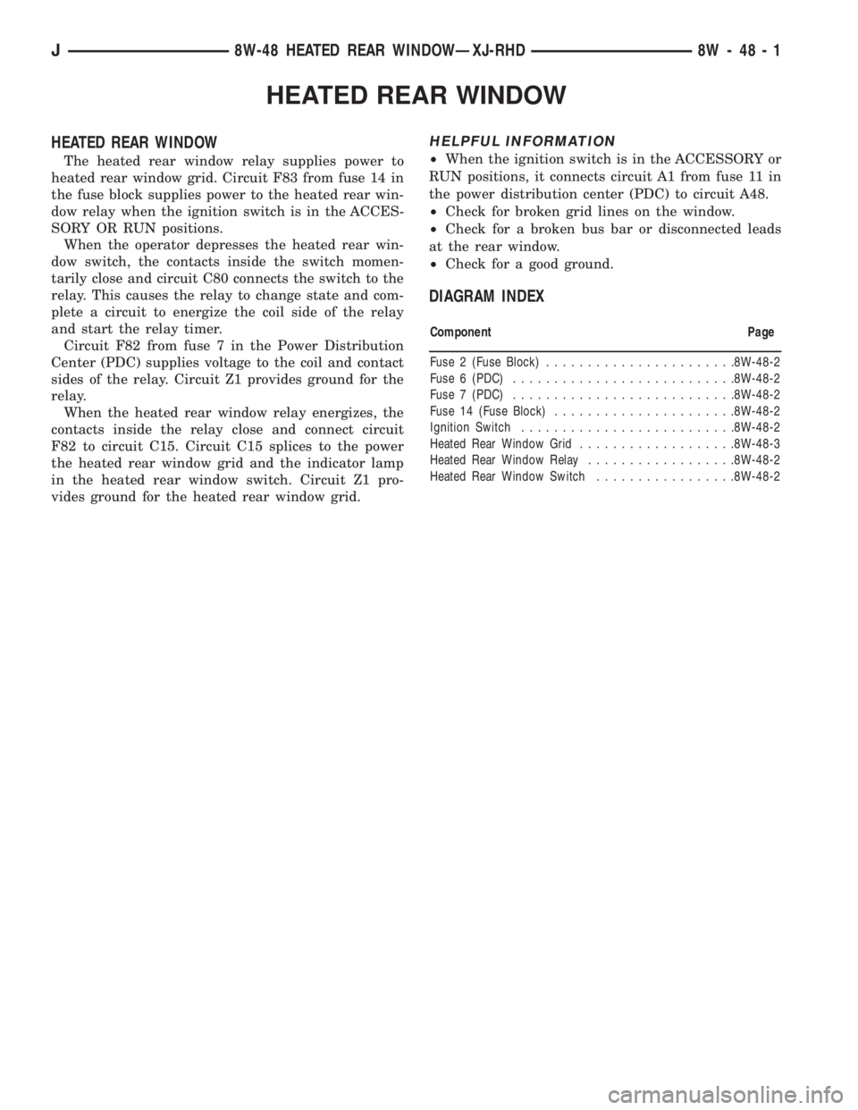 JEEP YJ 1995  Service And Repair Manual HEATED REAR WINDOW
HEATED REAR WINDOW
The heated rear window relay supplies power to
heated rear window grid. Circuit F83 from fuse 14 in
the fuse block supplies power to the heated rear win-
dow rela