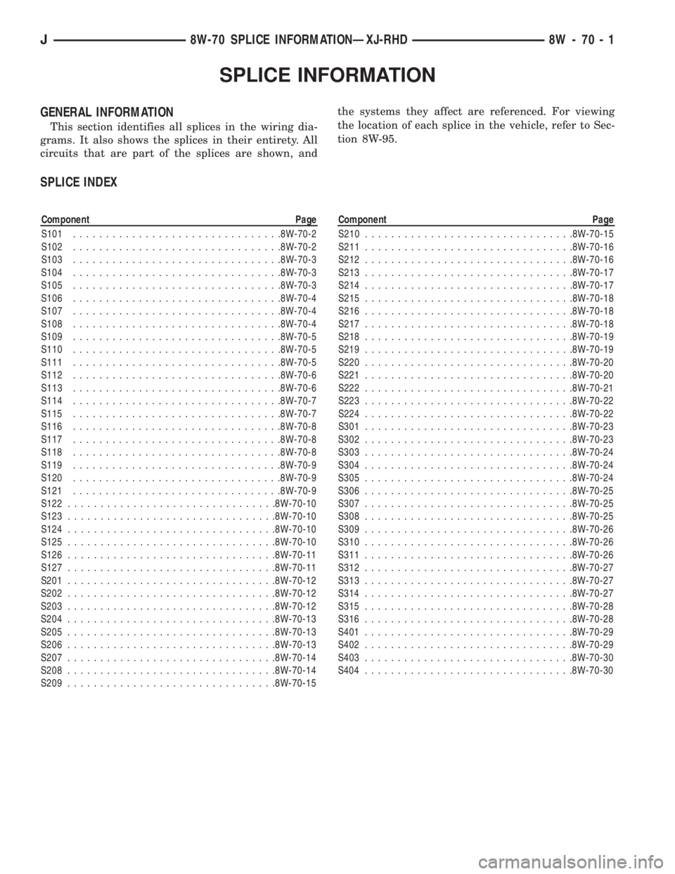 JEEP YJ 1995  Service And Repair Manual SPLICE INFORMATION
GENERAL INFORMATION
This section identifies all splices in the wiring dia-
grams. It also shows the splices in their entirety. All
circuits that are part of the splices are shown, a