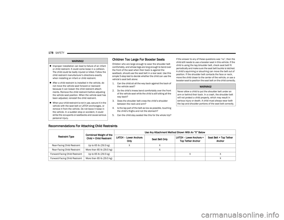 JEEP CHEROKEE 2023  Owners Manual 
178SAFETY  
Children Too Large For Booster Seats 
Children who are large enough to wear the shoulder belt 
comfortably, and whose legs are long enough to bend over 
the front of the seat when their b