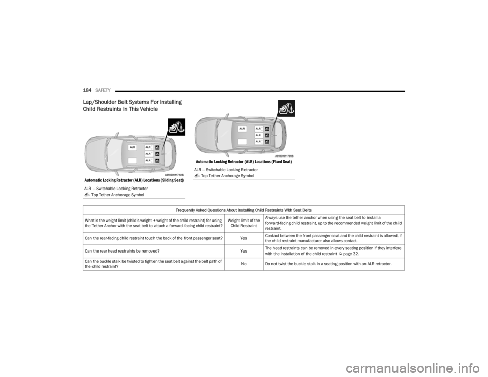 JEEP CHEROKEE 2023  Owners Manual 
184SAFETY  
Lap/Shoulder Belt Systems For Installing 
Child Restraints In This Vehicle

Automatic Locking Retractor (ALR) Locations (Sliding Seat) Automatic Locking Retractor (ALR) Locations (Fixed S