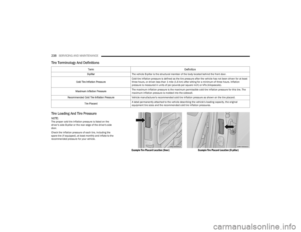 JEEP CHEROKEE 2023  Owners Manual 
238SERVICING AND MAINTENANCE  
Tire Terminology And Definitions
Tire Loading And Tire Pressure   
NOTE:The proper cold tire inflation pressure is listed on the 
driver’s side B-pillar or the rear e