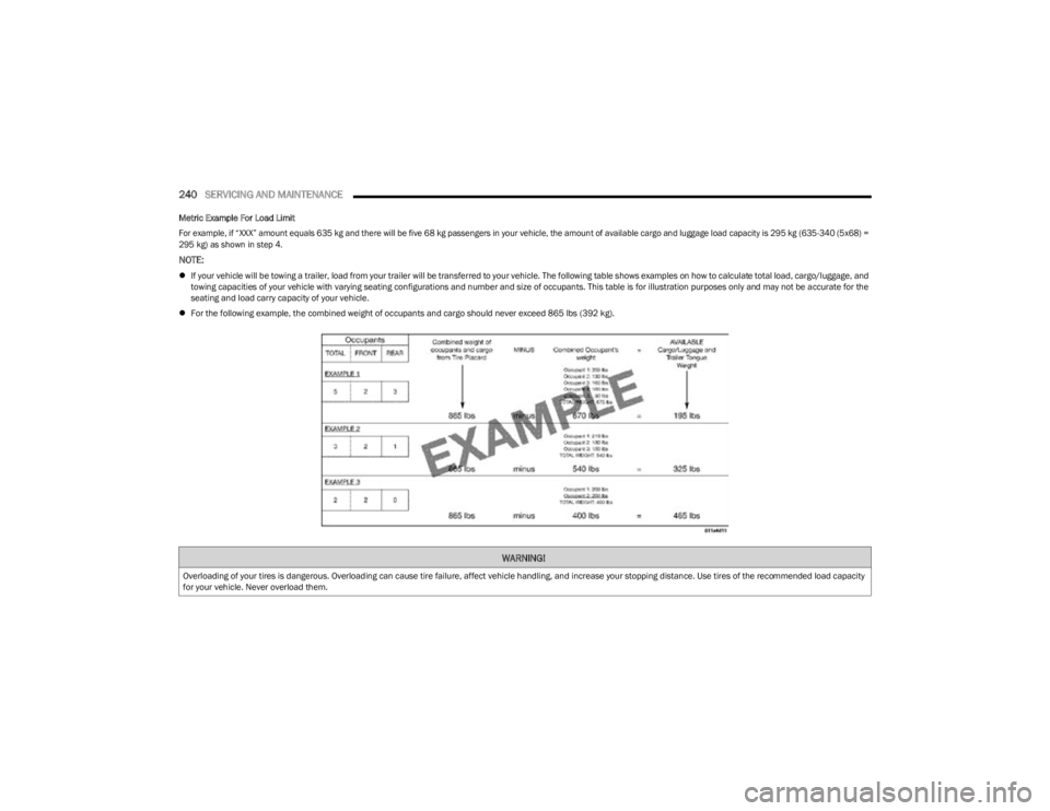 JEEP CHEROKEE 2023 Owners Manual
240SERVICING AND MAINTENANCE
Metric Example For Load Limit
For example, if “XXX” amount equals 635 kg and there will be five 68 kg passengers in your vehicle, the amount of available cargo and JEEP CHEROKEE 2023 Owners Manual
240SERVICING AND MAINTENANCE
Metric Example For Load Limit
For example, if “XXX” amount equals 635 kg and there will be five 68 kg passengers in your vehicle, the amount of available cargo and
