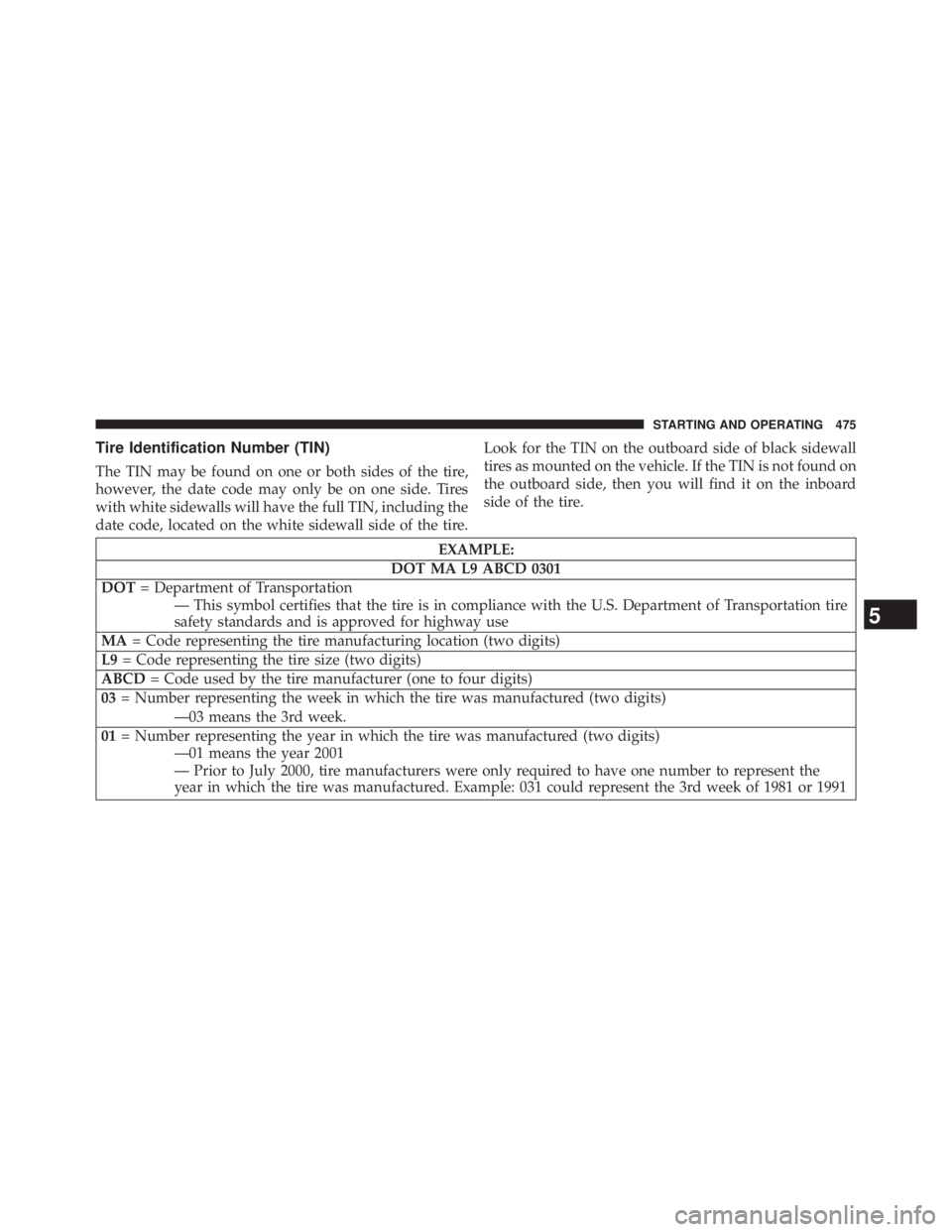 JEEP WRANGLER UNLIMITED 2013 Owners Manual Tire Identification Number (TIN)
The TIN may be found on one or both sides of the tire,
however, the date code may only be on one side. Tires
with white sidewalls will have the full TIN, including the JEEP WRANGLER UNLIMITED 2013 Owners Manual Tire Identification Number (TIN)
The TIN may be found on one or both sides of the tire,
however, the date code may only be on one side. Tires
with white sidewalls will have the full TIN, including the